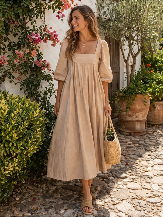 HUNTER BELL Dresses & Skirts - Hunter Bell Neutral Puff Sleeve Waverly Midi Dress Square Neck Resort Size M